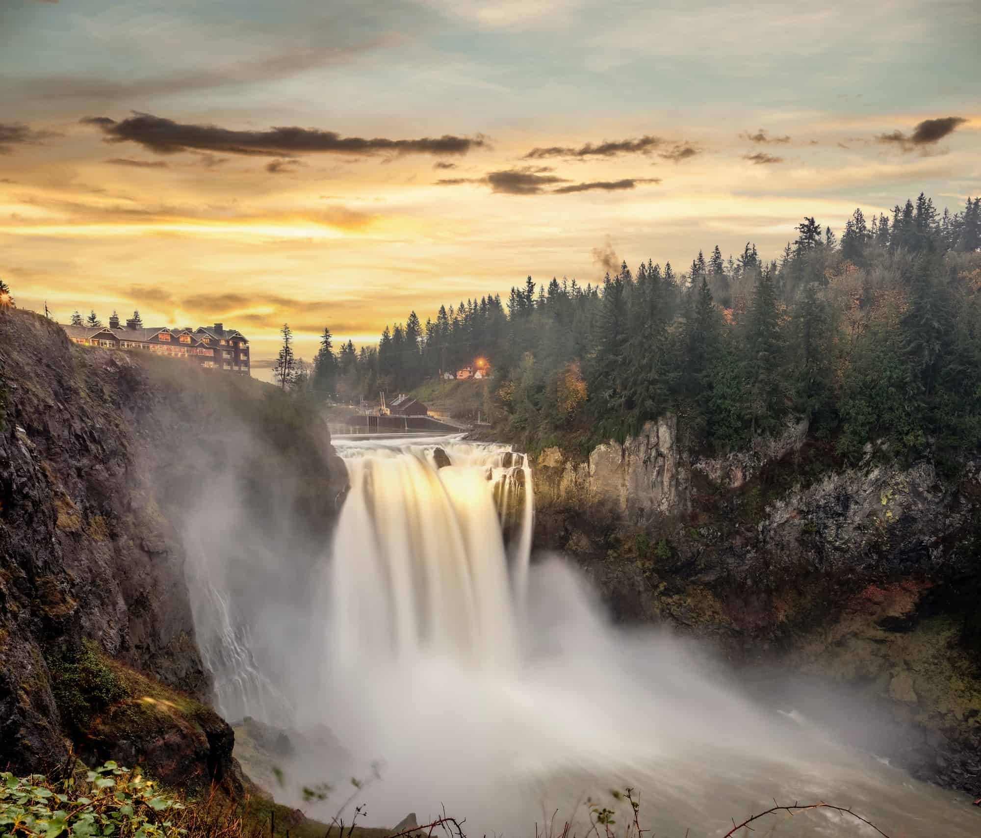 snoqualmie falls at sunset in washington state